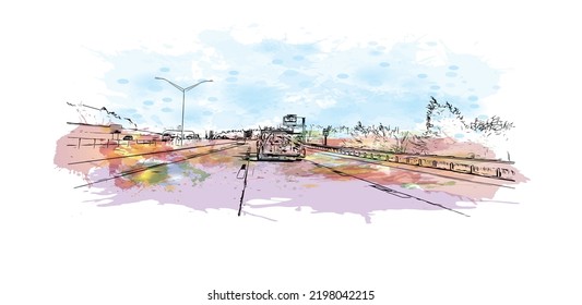 Building view with landmark of Oklahoma is a state in the United States. Watercolor splash with hand drawn sketch illustration in vector.