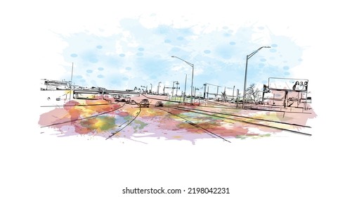 Construir una vista con un punto de referencia de Oklahoma es un estado en los Estados Unidos. Salto de color de agua con ilustración de esbozo dibujada a mano en vector.