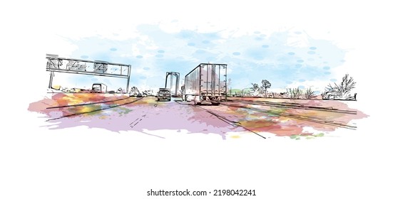 Construir una vista con un punto de referencia de Oklahoma es un estado en los Estados Unidos. Salto de color de agua con ilustración de esbozo dibujada a mano en vector.