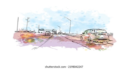 Der Bau-Blick mit Wahrzeichen von Oklahoma ist ein Staat in den Vereinigten Staaten. Aquarellspritzer mit handgezeichneter Skizzengrafik in Vektorgrafik.