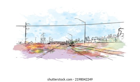 Building view with landmark of Oklahoma is a state in the United States. Watercolor splash with hand drawn sketch illustration in vector.