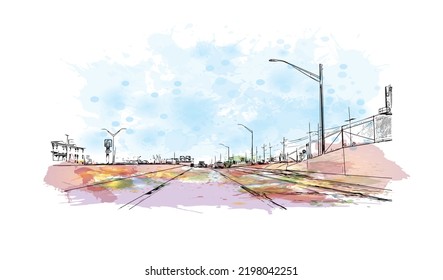 Building view with landmark of Oklahoma is a state in the United States. Watercolor splash with hand drawn sketch illustration in vector.