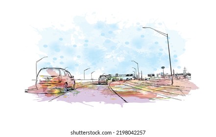 Building view with landmark of Oklahoma is a state in the United States. Watercolor splash with hand drawn sketch illustration in vector.