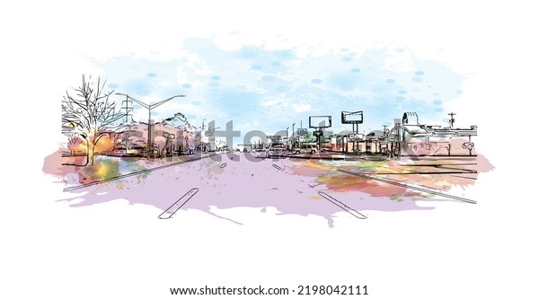 Building view with landmark of Oklahoma is a\
state in the United States. Watercolor splash with hand drawn\
sketch illustration in\
vector.
