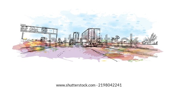 Building view with landmark of Oklahoma is a\
state in the United States. Watercolor splash with hand drawn\
sketch illustration in\
vector.
