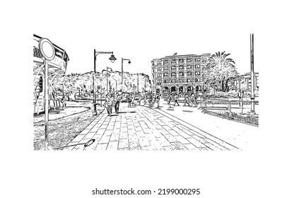 Building view with landmark of Olbia is the 
city in Italy. Hand drawn sketch illustration in vector.