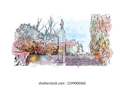 Building view with landmark of Olbia is the 
city in Italy. Watercolor splash with hand drawn sketch illustration in vector.