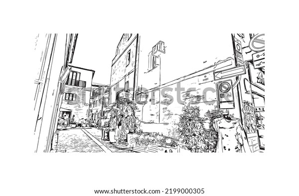 Building view with\
landmark of Olbia is the \
city in Italy. Hand drawn sketch\
illustration in\
vector.