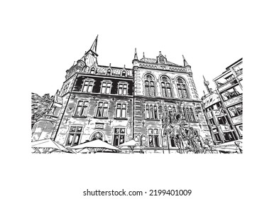 Building view with landmark of Oldenburg is a city in northwest Germany. Hand drawn sketch illustration in vector.