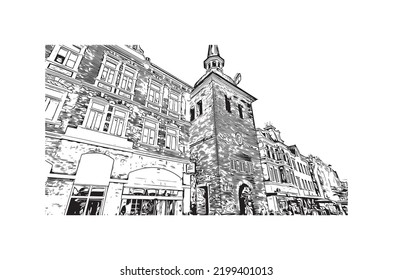 Building view with landmark of Oldenburg is a city in northwest Germany. Hand drawn sketch illustration in vector.