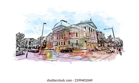 Building view with landmark of Oldenburg is a city in northwest Germany. Watercolor splash with hand drawn sketch illustration in vector.