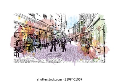 Building view with landmark of Oldenburg is a city in northwest Germany. Watercolor splash with hand drawn sketch illustration in vector.