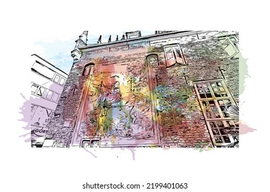 Bausicht mit Wahrzeichen Oldenburgs ist eine Stadt im Nordwesten Deutschlands. Aquarellspritzer mit handgezeichneter Skizzengrafik in Vektorgrafik.