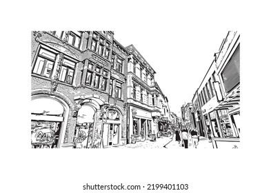 Building view with landmark of Oldenburg is a city in northwest Germany. Hand drawn sketch illustration in vector.