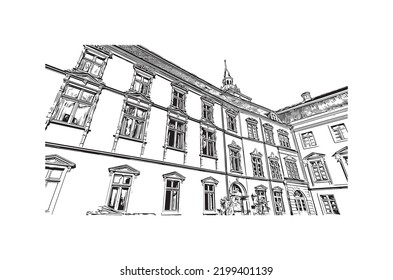 Building view with landmark of Oldenburg is a city in northwest Germany. Hand drawn sketch illustration in vector.