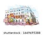 Building view with landmark of Olomouc is a city in the eastern province of Moravia in the Czech Republic. Watercolor splash with Hand drawn sketch illustration in vector.