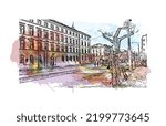 Building view with landmark of Olomouc is the 
city in Czech Republic. Watercolor splash with hand drawn sketch illustration in vector.