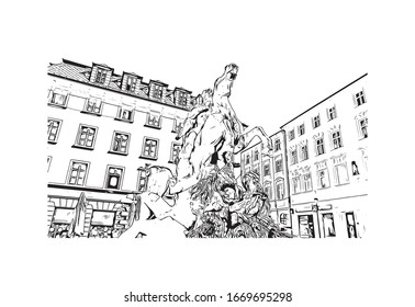 Building view with landmark of Olomouc is a city in the eastern province of Moravia in the Czech Republic. Hand drawn sketch illustration in vector.