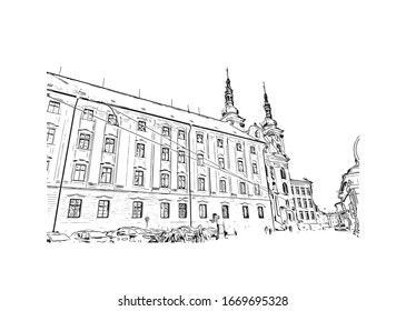 Building view with landmark of Olomouc is a city in the eastern province of Moravia in the Czech Republic. Hand drawn sketch illustration in vector.