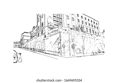 Building view with landmark of Olomouc is a city in the eastern province of Moravia in the Czech Republic. Hand drawn sketch illustration in vector.