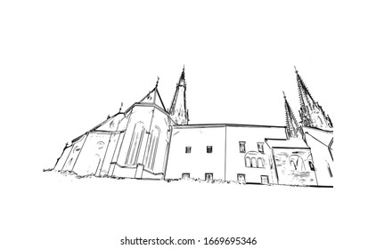 Building view with landmark of Olomouc is a city in the eastern province of Moravia in the Czech Republic. Hand drawn sketch illustration in vector.