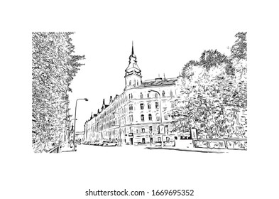 Building view with landmark of Olomouc is a city in the eastern province of Moravia in the Czech Republic. Hand drawn sketch illustration in vector.