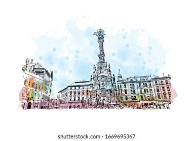 Building view with landmark of Olomouc is a city in the eastern province of Moravia in the Czech Republic. Watercolor splash with Hand drawn sketch illustration in vector.