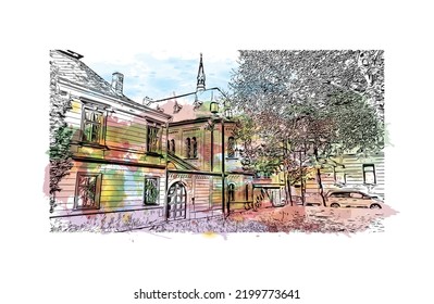 Building view with landmark of Olomouc is the 
city in Czech Republic. Watercolor splash with hand drawn sketch illustration in vector.