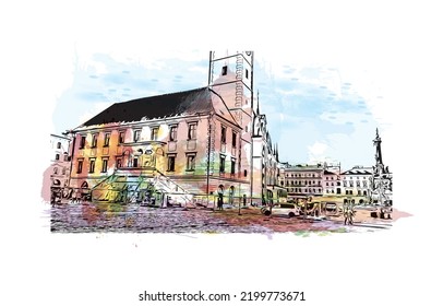 Building view with landmark of Olomouc is the 
city in Czech Republic. Watercolor splash with hand drawn sketch illustration in vector.