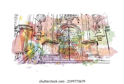 Building view with landmark of Olomouc is the 
city in Czech Republic. Watercolor splash with hand drawn sketch illustration in vector.