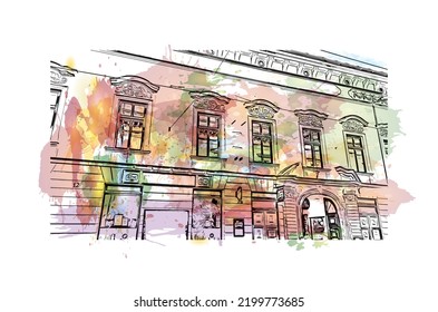Building view with landmark of Olomouc is the 
city in Czech Republic. Watercolor splash with hand drawn sketch illustration in vector.