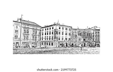 Building view with landmark of Olomouc is the 
city in Czech Republic. Hand drawn sketch illustration in vector.