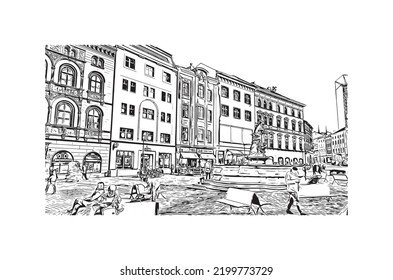 Building view with landmark of Olomouc is the 
city in Czech Republic. Hand drawn sketch illustration in vector.