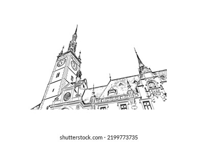 Building view with landmark of Olomouc is the 
city in Czech Republic. Hand drawn sketch illustration in vector.