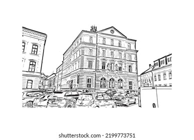 Building view with landmark of Olomouc is the 
city in Czech Republic. Hand drawn sketch illustration in vector.