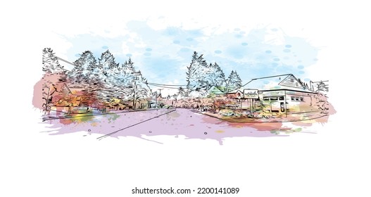 Building view with landmark of Olympia is the 
city in Washington State. Watercolor splash with hand drawn sketch illustration in vector.