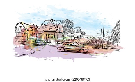 Building view with landmark of Omaha is the 
city in Nebraska. Watercolor splash with hand drawn sketch illustration in vector.