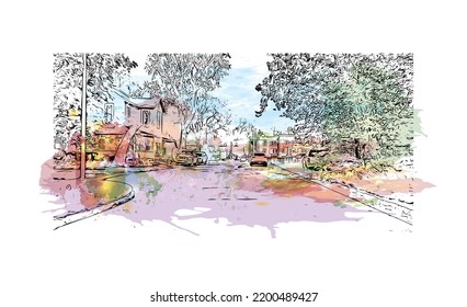 Building view with landmark of Omaha is the 
city in Nebraska. Watercolor splash with hand drawn sketch illustration in vector.