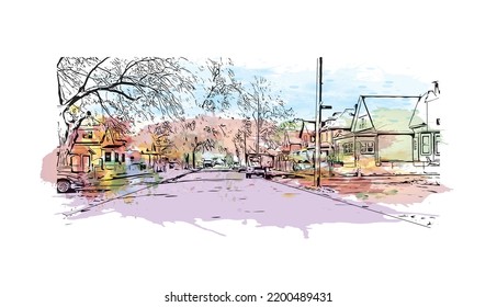 Building view with landmark of Omaha is the 
city in Nebraska. Watercolor splash with hand drawn sketch illustration in vector.