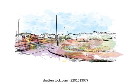 Building view with landmark of Opatija is the 
town in Croatia. Watercolor splash with hand drawn sketch illustration in vector.