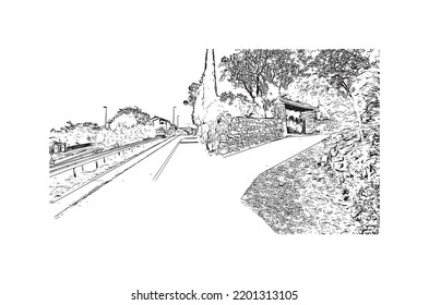 Building view with landmark of Opatija is the 
town in Croatia. Hand drawn sketch illustration in vector.