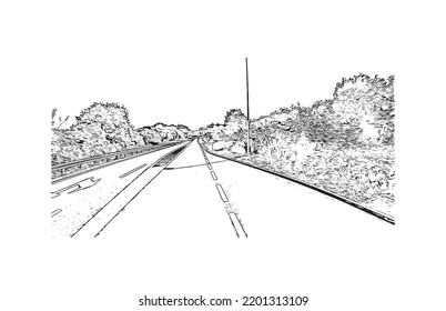 Building view with landmark of Opatija is the 
town in Croatia. Hand drawn sketch illustration in vector.