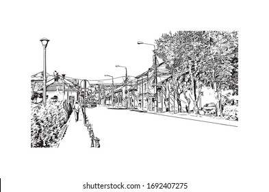 Building view with landmark of Oradea is a city in northwest Romania, split by the Crisul Repede River. Hand drawn sketch illustration in vector.