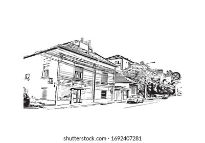 Building view with landmark of Oradea is a city in northwest Romania, split by the Crisul Repede River. Hand drawn sketch illustration in vector.