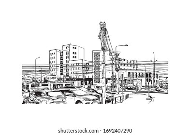 Building view with landmark of Oradea is a city in northwest Romania, split by the Crisul Repede River. Hand drawn sketch illustration in vector.