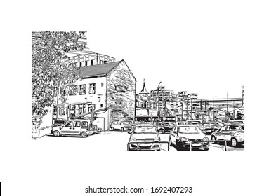 Vista de edificio con punto de referencia de Oradea es una ciudad en el noroeste de Rumania, dividida por el río Crisul Repede. Dibujo dibujado a mano en vector.