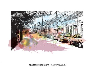 Building view with landmark of Oradea is a city in northwest Romania, split by the Crisul Repede River. Watercolor splash with Hand drawn sketch illustration in vector.