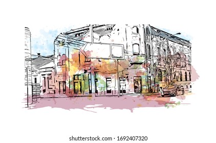 Vista de edificio con punto de referencia de Oradea es una ciudad en el noroeste de Rumania, dividida por el río Crisul Repede. Sacudida de color de agua con ilustración de esbozo dibujada a mano en vector.