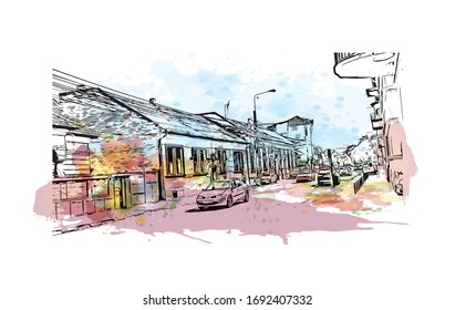 Building view with landmark of Oradea is a city in northwest Romania, split by the Crisul Repede River. Watercolor splash with Hand drawn sketch illustration in vector.