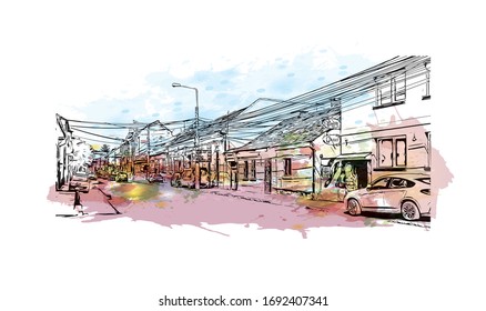 Building view with landmark of Oradea is a city in northwest Romania, split by the Crisul Repede River. Watercolor splash with Hand drawn sketch illustration in vector.